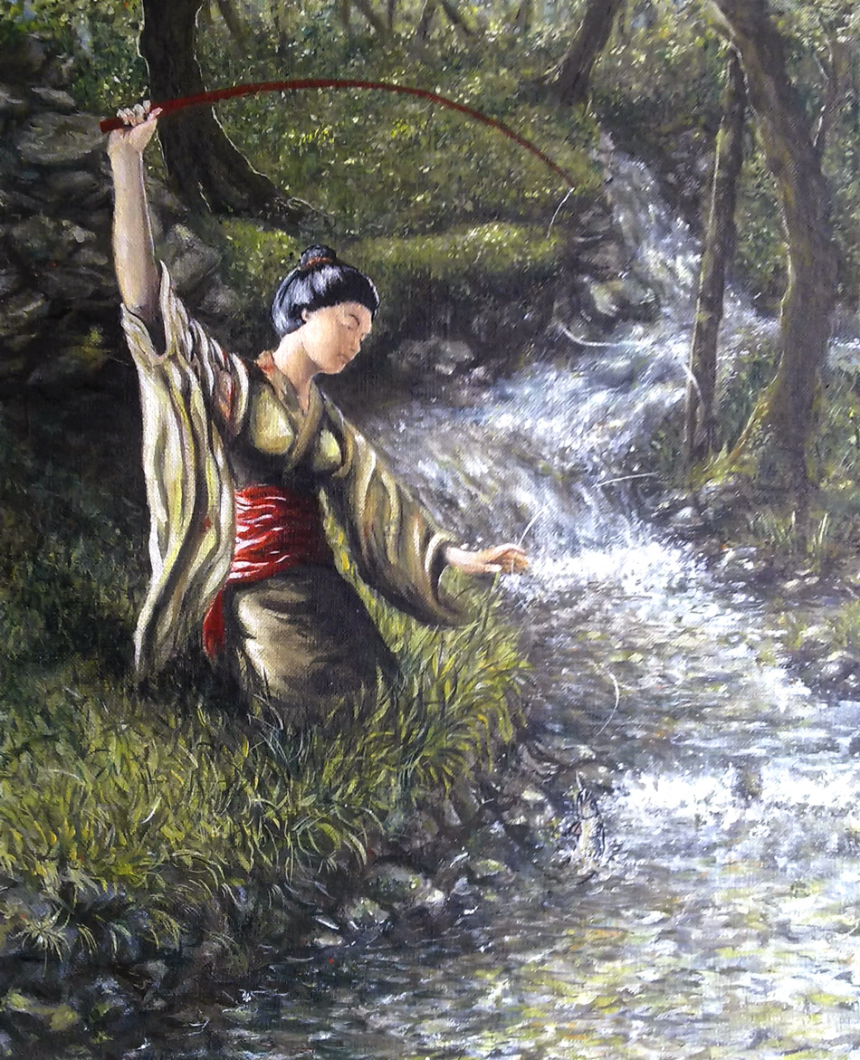 Geisha pêcheuse - Peinture à l'huile sur toile